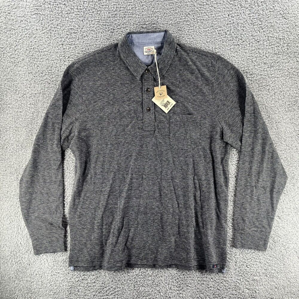 Faherty Men's LS Luxe Striped Heather Polo - Charcoal Stripe Size XL